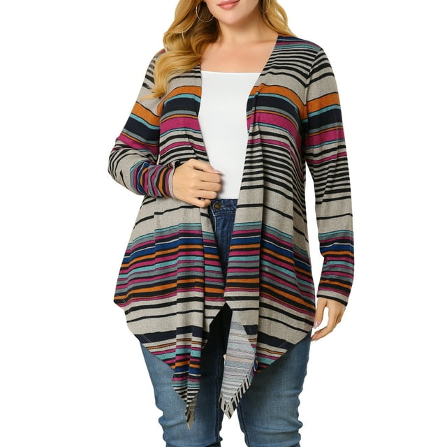 GRACE & GRANDEUR Women's Plus Size Color Block Striped Open Front Cardigan