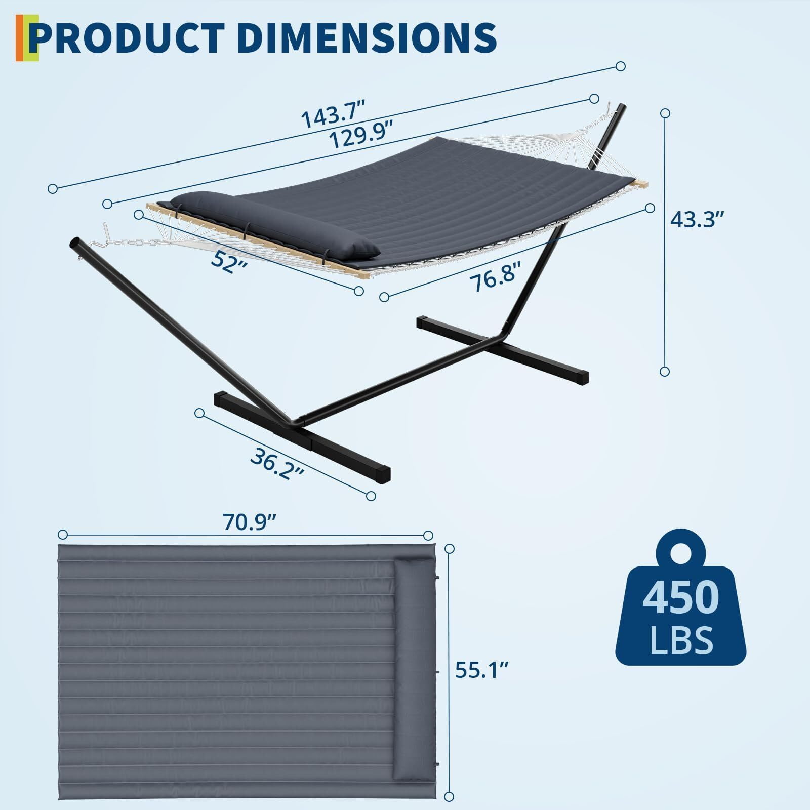 Double Hammock with Stand, 2 Person Portable Foldable Outdoor Hammock with Pad & Pillow, 450lb Capacity Heavy-Duty Hammock for Garden, Patio, Backyard, Dark Gray