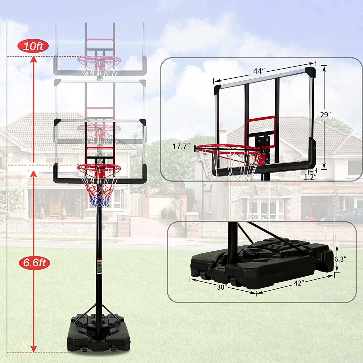 Sumdeal Portable Basketball Hoop & Goals with LED Lights, Basketball System 6.6-10ft Height Adjustment and Wheels, 44" Backboard, Basketball Stand for Both Youth and Adults Indoor Outdoor, Black