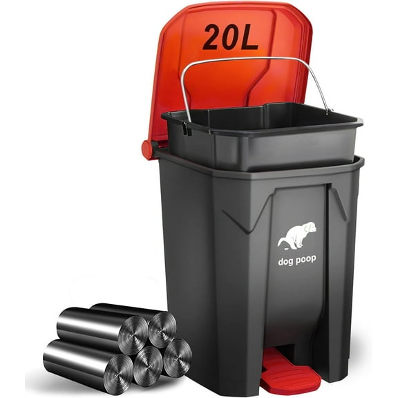 Dog Poop Trash Can Outside, 20L/5Gallon Pedal and Removable Inner Waste Bin, Outdoor Dog Poop Trash Can with 100 Bags, Dog Waste Container for Garden, Black