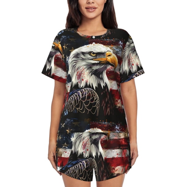 Balery Retro American Eagle A Conjunto de Pijama para Mujer con Estampado, Dos Piezas de Manga Corta y Shorts, Ropa de Dormir Suave con Cuello Redondo y Bolsillos-X-Large