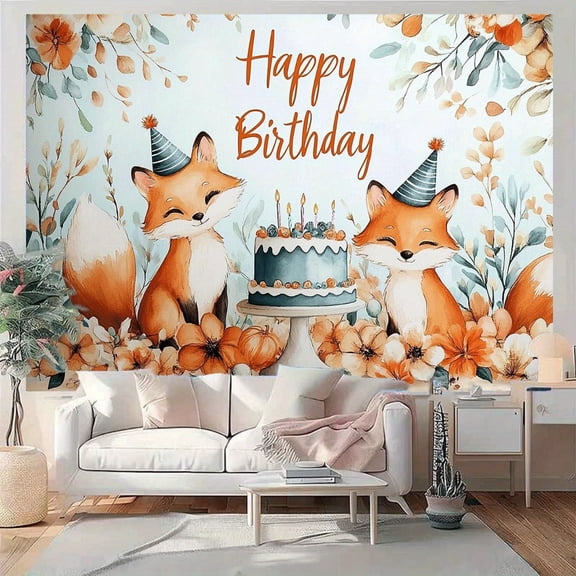 1pc Cute Fox Birthday Party tapestry Suitable for Photo Booths, Room Decor - Fox-Themed with Floral & Cake Design, High-Resolution Print, -to-Hang Wall Decoration for Birthdays, Weddings, Showers