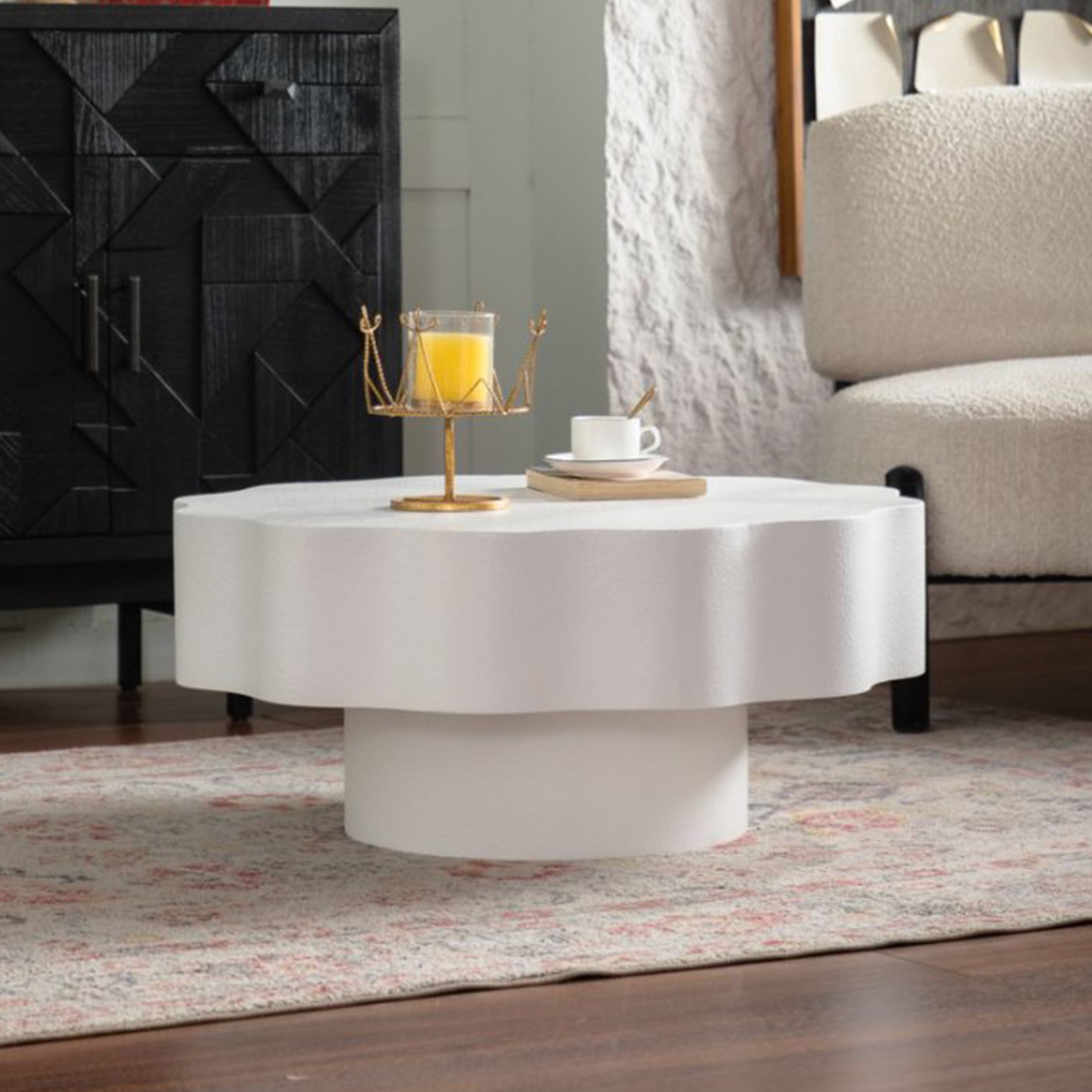 Noble House Rostin 31.5" Scalloped Coffee Table, Modern Wave-Edge Round Accent Table for Stylish Spaces, Cream White