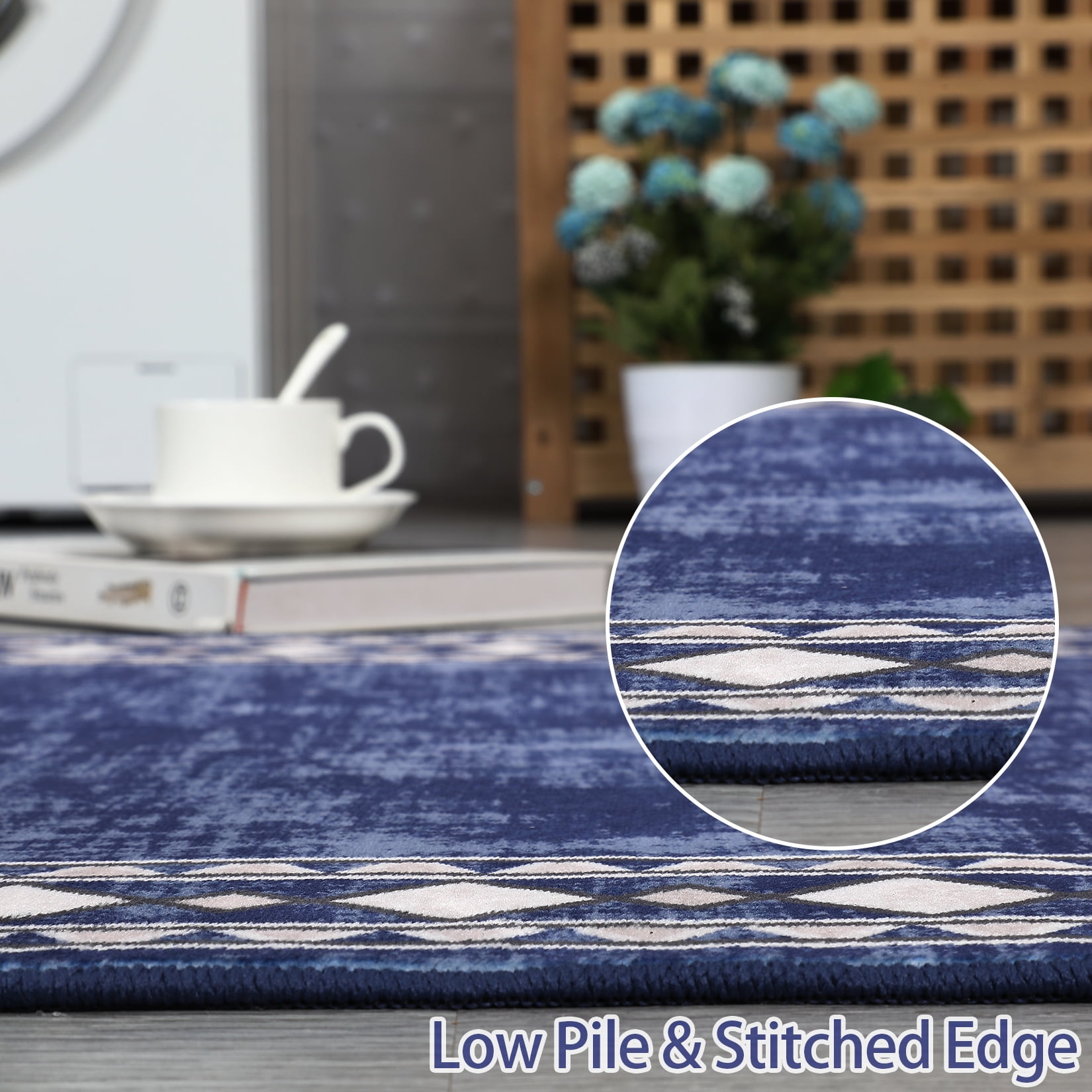 Garvee 10'x13' Geometric Bordered Area Rugs Contemporary Rugs for Living Room, Non-Slip Washable Rugs Soft Throw Rugs Low-Pile Stain Resistant Carpet for Bedroom Dining Room Farmhouse, Blue