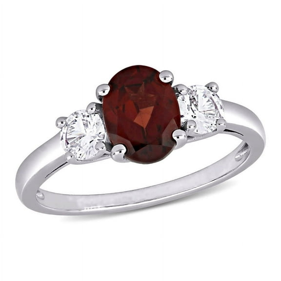 AMOUR Oval Cut Garnet and Created White Sapphire 3-sTone Ring In Sterling Silver