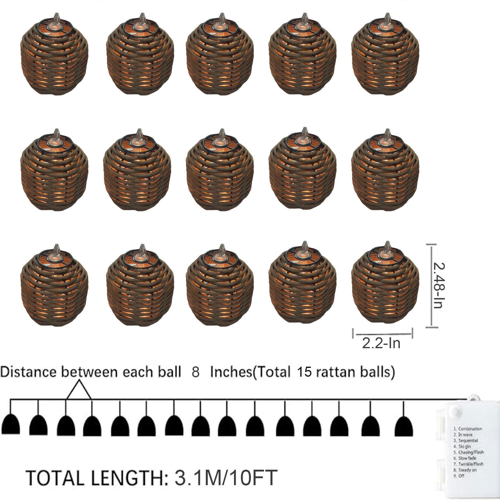 Decorative Lantern Rattan String Lights - 10ft 15 Lights Indoor Outdoor Patio String Lights for Bedroom Home Pergola Porch Party Backyard, Multiple Functions