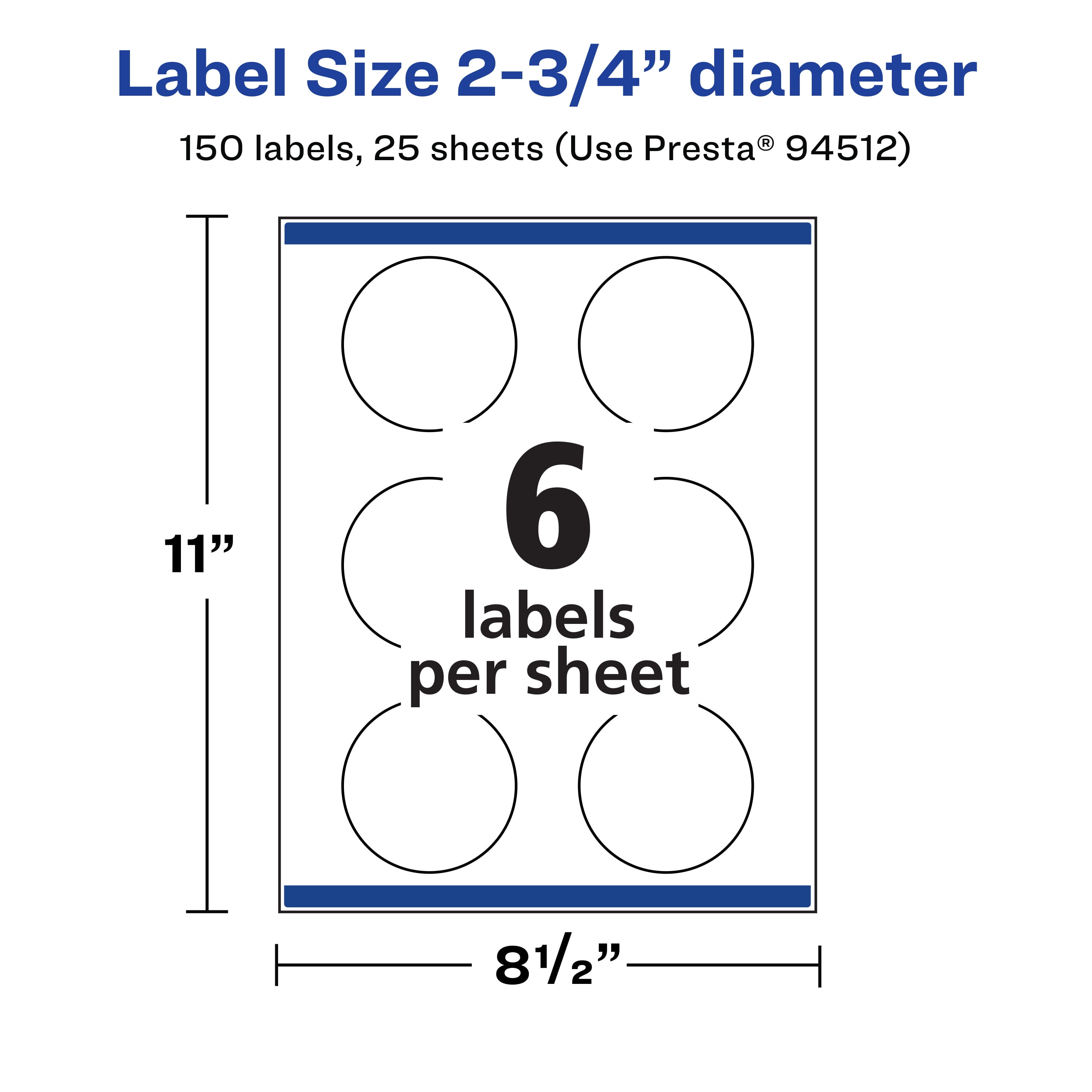 Avery 2-3/4" Diameter Waterproof Round Labels, 150 Labels