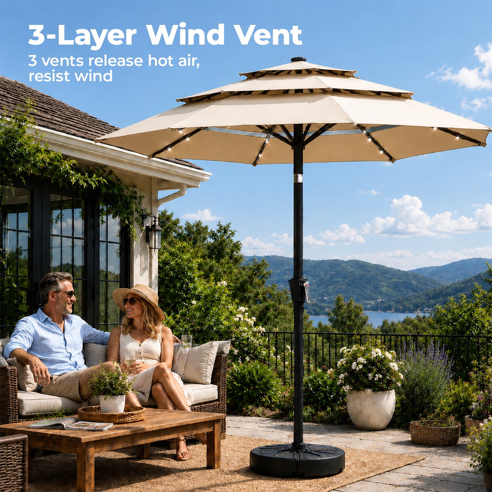 Alvantor 9ft 3‑Layer Solar Patio Umbrella Outdoor with 32 LED Lights, UV50+ Auto Dusk‑to‑Dawn for Dining Table, Outdoor Sofa & Beach Lounger
