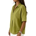 thumbnail image 3 of Domzest Linen Casual Tops for Women Loose-Fit V Neck Summer T Shirts Zip Up Polo Work Going Out Tops Linen Shirts Army Green S, 3 of 5
