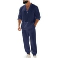 thumbnail image 2 of Puntoco Men's 2 Piece Linen Sets Button Down Shirt Long Sleeve Casual Drawstring Waist Pants Set Tracksuit Navy L(L), 2 of 9
