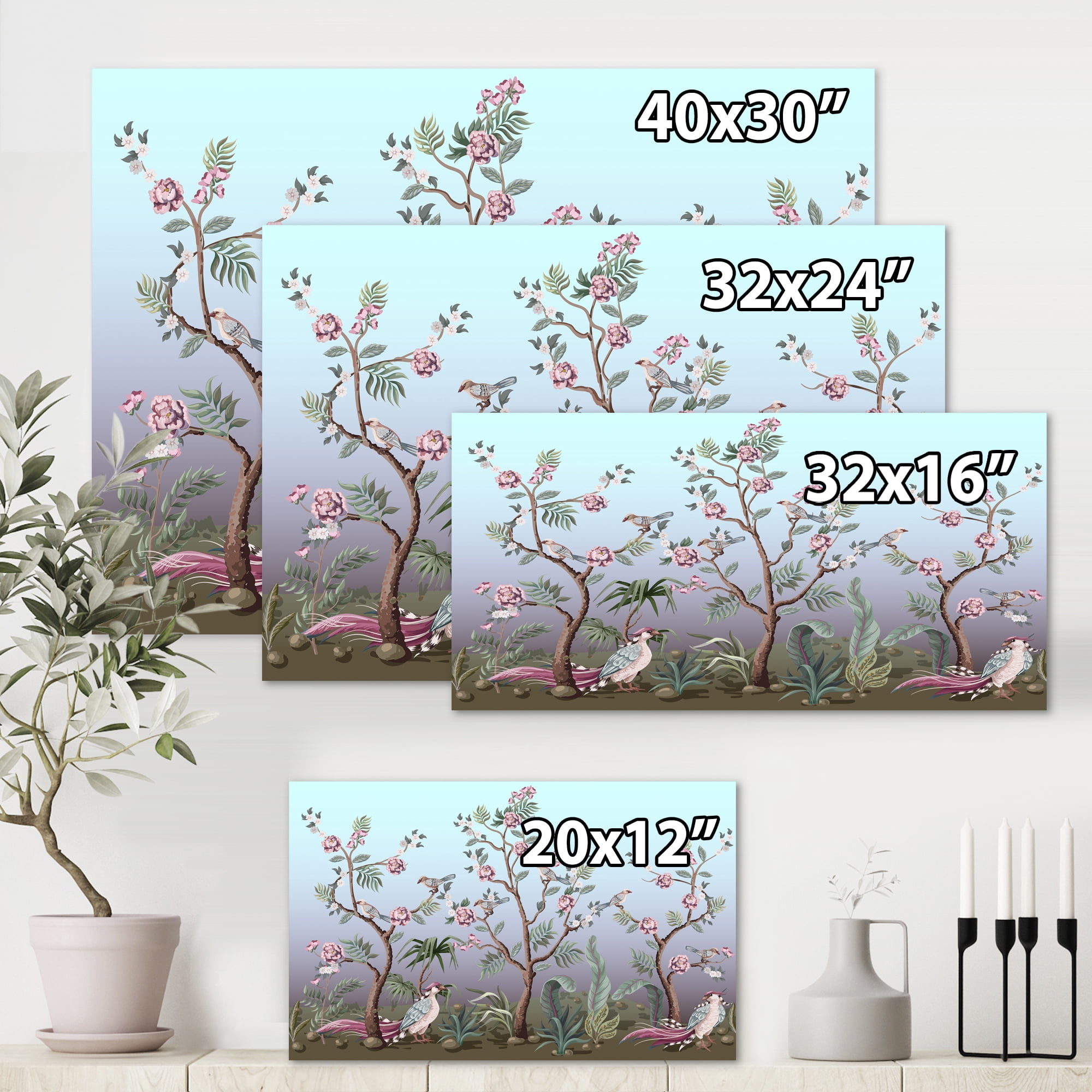 Designart ' Chinoiserie With Peonies and Birds II ' Traditional Canvas Wall Art Print