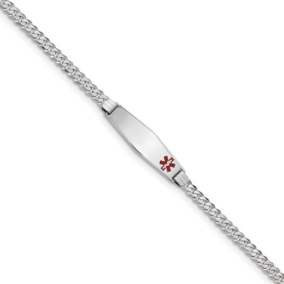 Beautiful 14K WG Medical Soft Diamond Shape Red Enamel Flat Curb Link ID Bracelet
