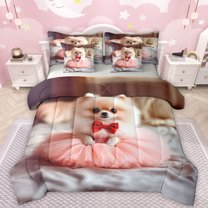 Manfei Pet Dog Lovers 7-Piece Twin Bedding Sets,Cute Cartoon Dog Bedding Comforter Set,Pink Gray Beige Sheet Sets For Kids,Super Cozy Room Decor Reversible