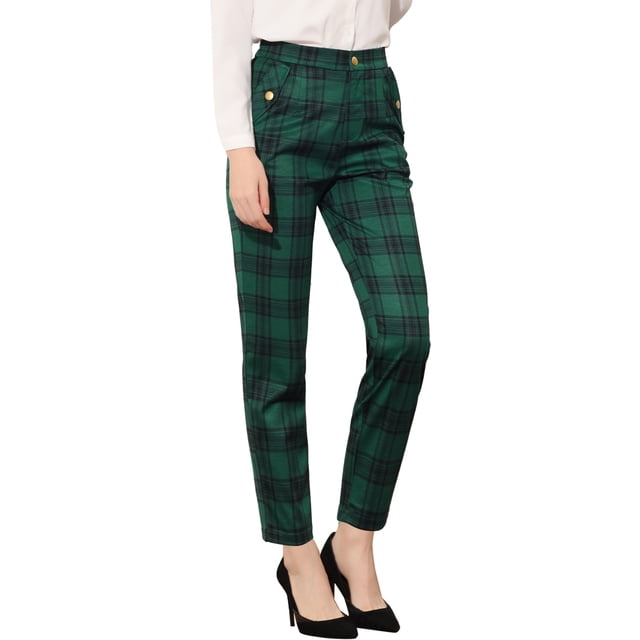 Allegra K Pantalones A Cuadros De Tartán Vintage Para Mujer Pantalones Largos Rectos De Cintura Elástica Verde 12