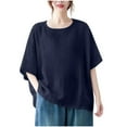 thumbnail image 1 of Vestidos Casuales Para Mujer, Blusas De Mujer De Moda Blusa de mujer de color liso de imitación de lino con hombros descubiertos, manga corta, cuello redondo y dobladillo con abertura, 1 of 5