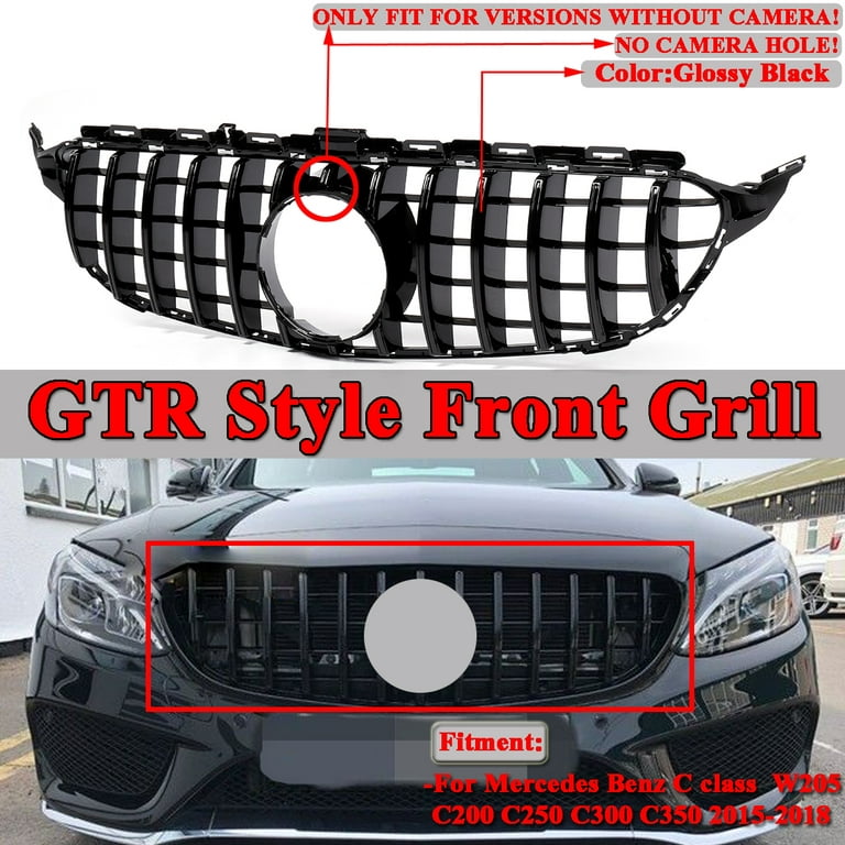 1x GTR Style Front Grill, For Benz w205 C200 C250 C300 Glossy Black 2015-2018 GTR Upper without camera Walmart.com