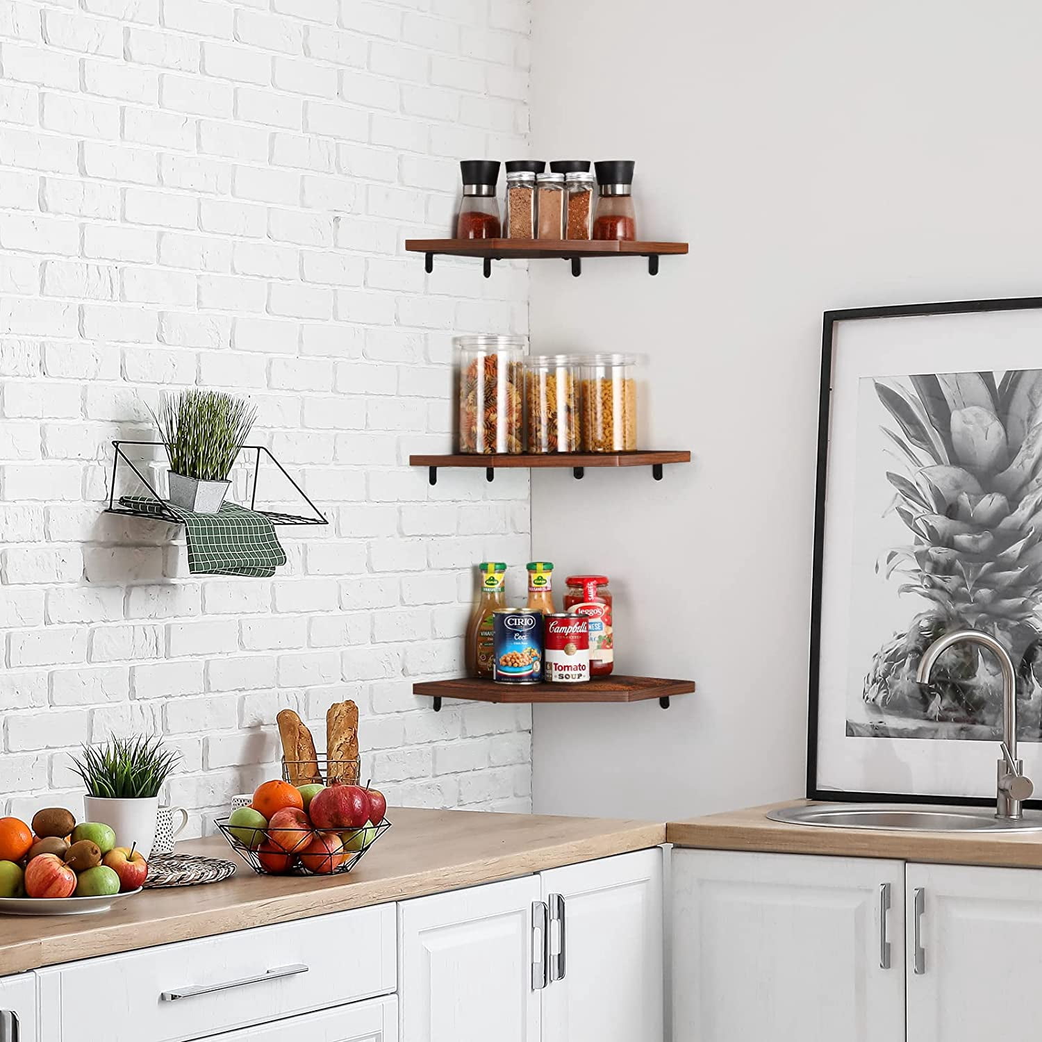Set of 3 Floating Corner Shelves, Burnt Brown Wall Mounted Wood Shelves