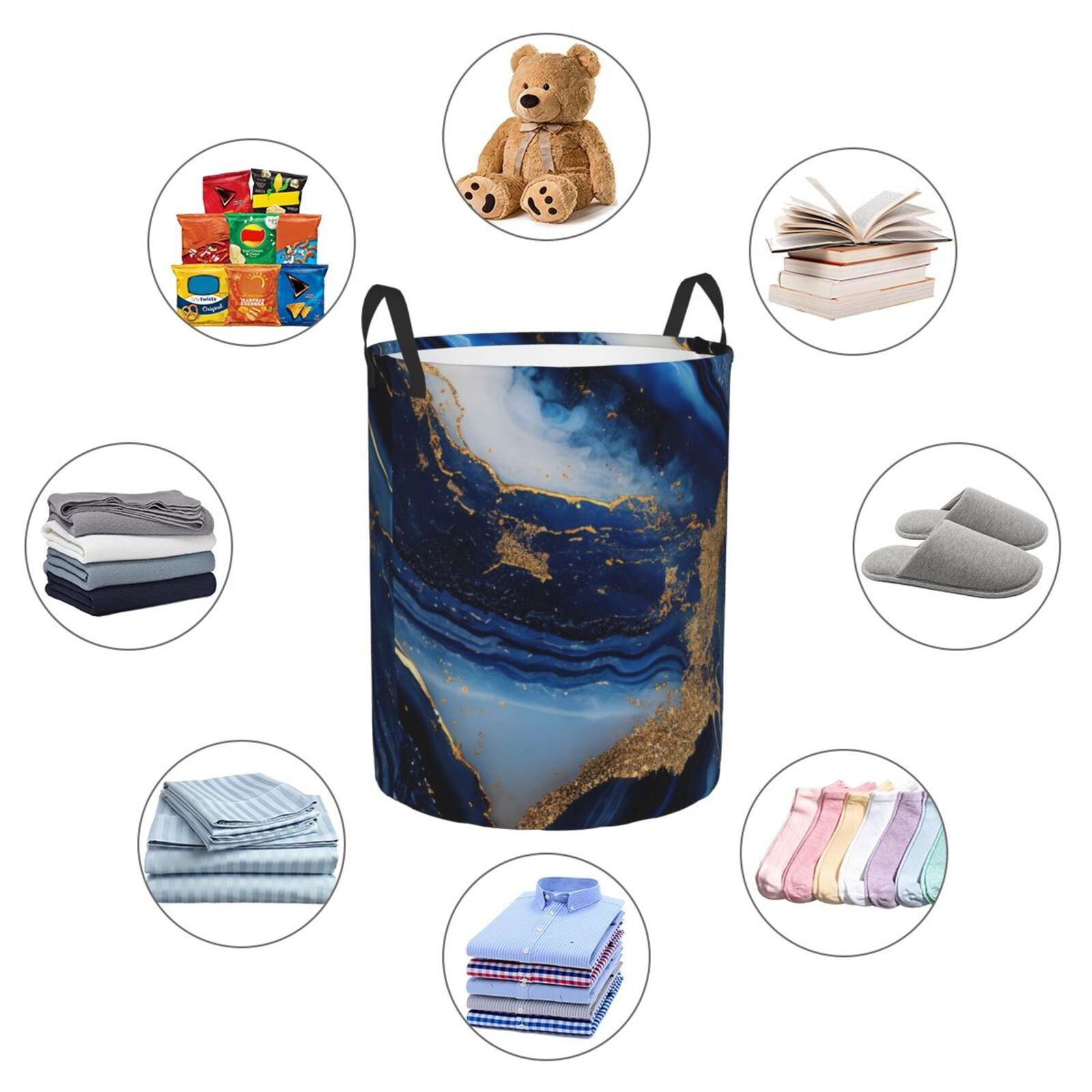 Large Laundry Basket with Handles - Navy Blue Marble Kids Baby Dirty Clothes Laundry Hamper for Bedroom Aesthetic