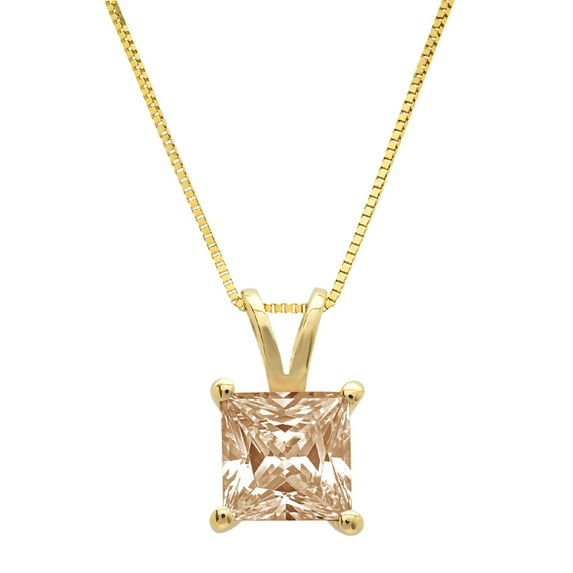 3.0 ct Brilliant Princess Cut Solitaire Simulated Champagne 14k Yellow Gold Pendant with 18" Chain