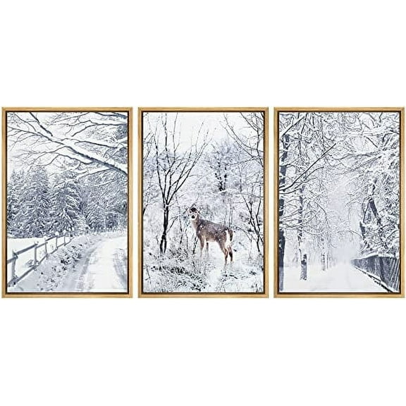IDEA4WALL Framed Wall Art Print Set Winter Wonderland Snowy Deer Forest Nature Modern Decorative Multicolor Boho for Living Room, Bedroom, Office - 16"x24"x3 Natural