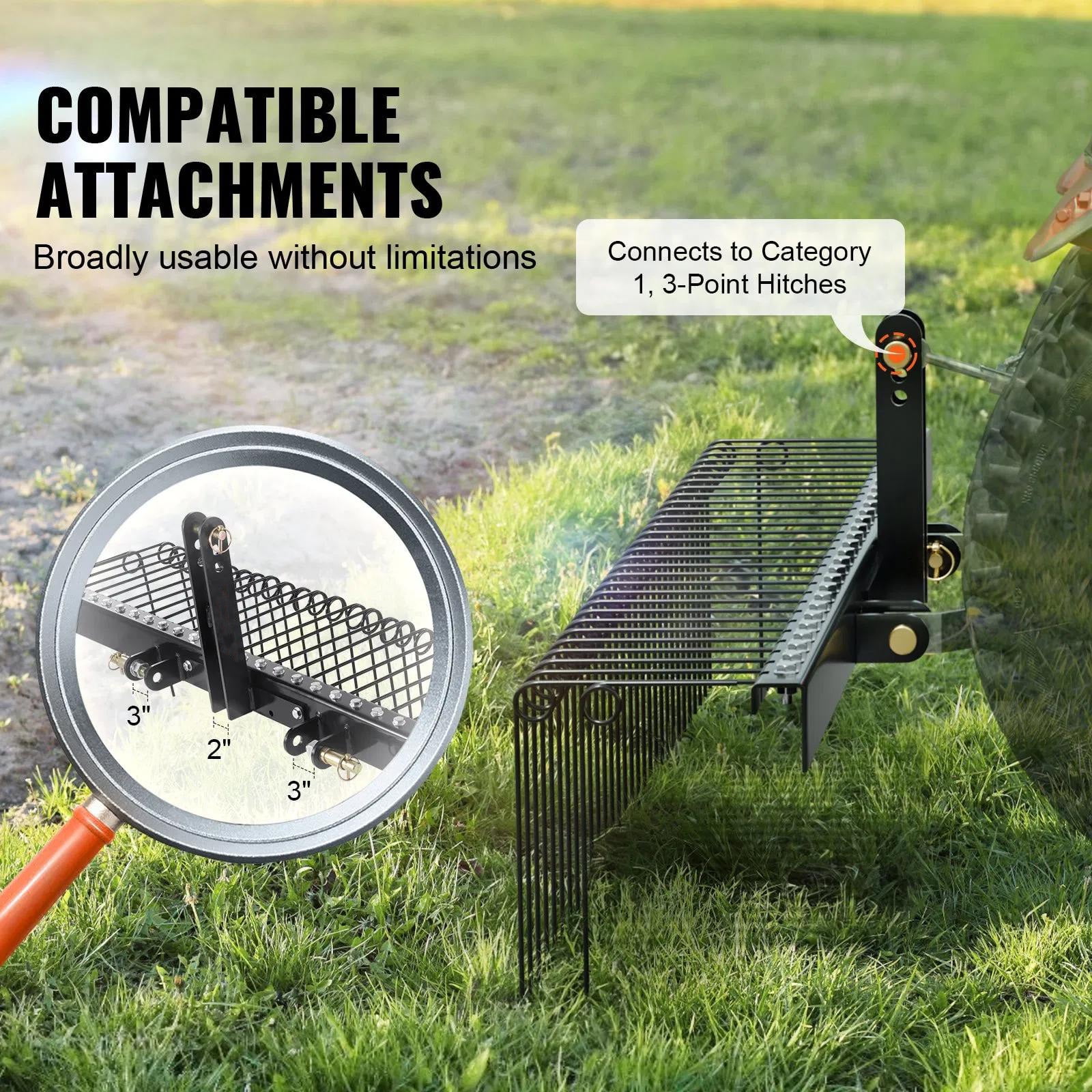 Tow Behind Landscape Rake, 60inch Tow Dethatcher with Steel Coil Tines, Lawn Dethatcher Rake for Leaves, Pine Needles and Grass