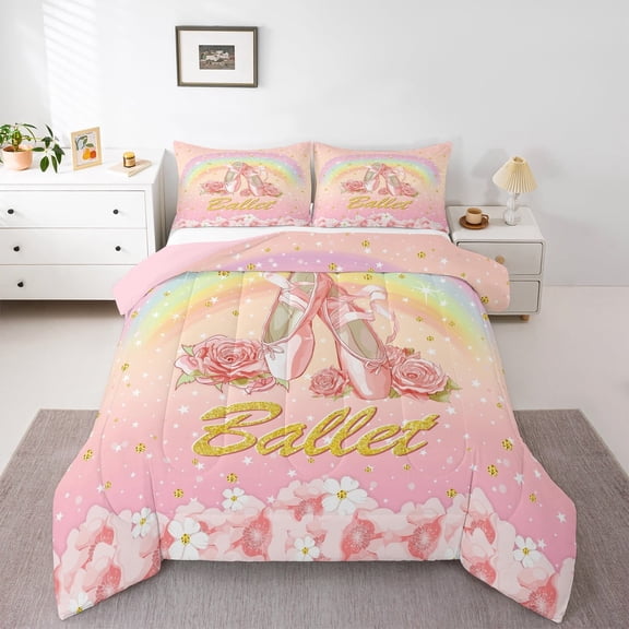 jejeloiu Chic Ballet Shoes Bedding Comforter Set,Colorful Rainbow Twin Comforter Sets,Pink Flower Floral Bedding Set For Princess,Microfiber Bedroom Decor Reversible,2 Pieces