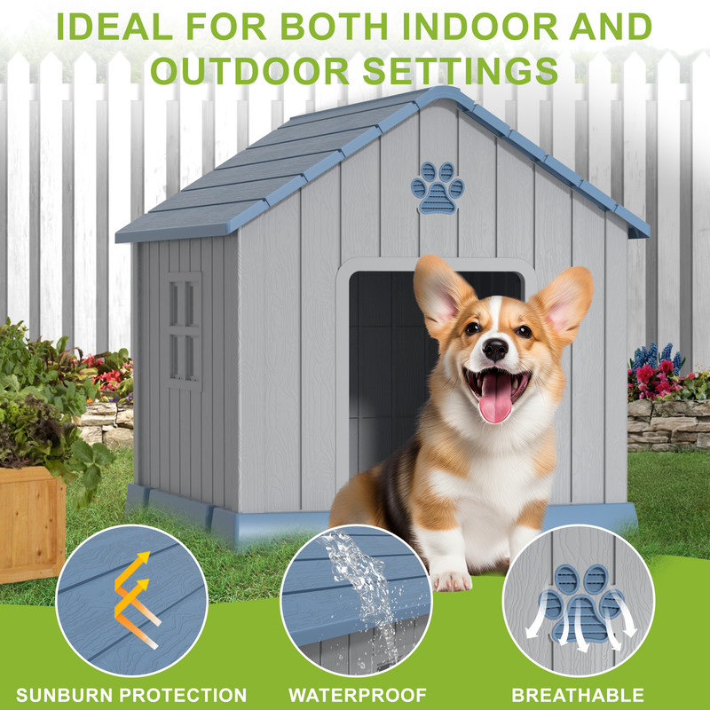ENNSOO 31-Inch Plastic Outdoor Indoor Dog House with Waterproof, Elevated Floor & Air Vents, Blue