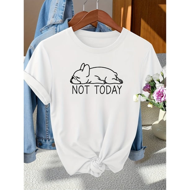 Camiseta de mujer de estilo francés con estampado de letras y cachorro Lying Flat, casual y elegante, de cuello redondo para primaveraverano, de moda para desplazamientos, vacaciones y uso diario, ver