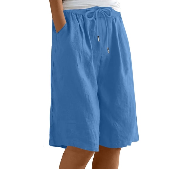 Women's High-Waisted Linen Shorts - Summer Casual Wide-Leg Knee-Length Shorts with Pockets | Yubnlvae | Women Linen Shorts Casual Summer Knee Length Wide Leg High Waisted (Blue | L)