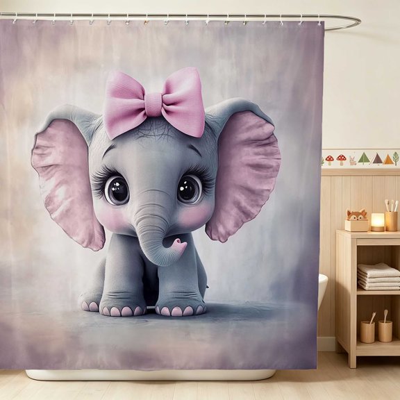 Erosebridal Elephant Shower Curtain 72Wx72L for Girls, Pink Bow Waterproof Bathroom Curtain