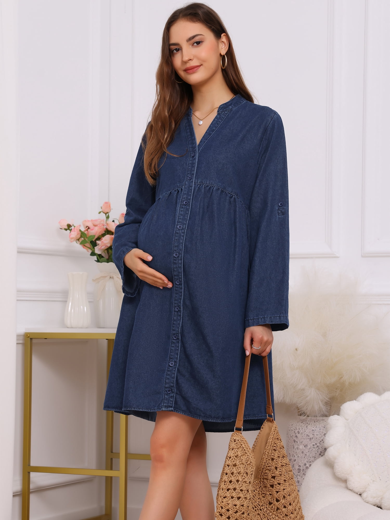 DARING DIVA Women's Maternity Denim Dress Long Sleeve Babydoll Nursing Dress 2XL Deep Blue