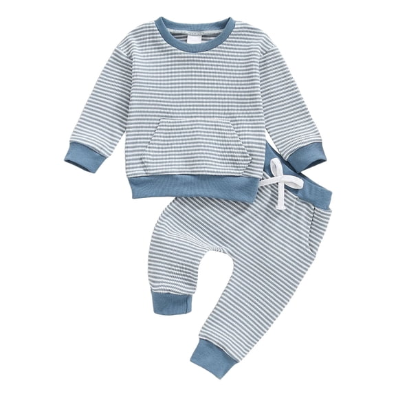 Hessimy Toddler Boys Girls Spring Summer Cartoon Print 2Pcs Long Sleeve Shirt Pants Sleepwear Pjs, Soft Fabric Warmth(Blue,12-18 Months)