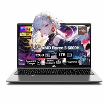 15.6" Gaming Laptop,IPS FHD Laptop AMD Ryzen 5 6600H 6-Cores 660M GPU 32GB DDR5 RAM 1TB SSD(Beat i7-1165G7, Up to 4.5GHz) Computer with 100W GaN Type C Fingerprint Backlit Keyboard Win 11