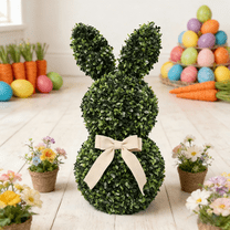 13.78" Easter Bunny Topiary Decor - Artificial Greenery with Linen Bow, Seasonal Ornament for Easter Home & Holiday Indoor Outdoor Decoration