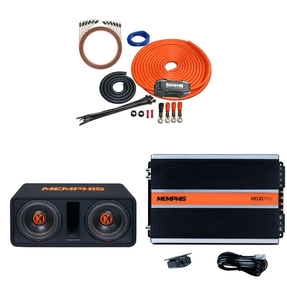 Memphis Audio MJPE12D1 Dual 12" MJP 1-Ohm Loaded Subwoofer Enclosure with MJP1500.1 Monoblock Subwoofer Amplifier and 0GKIT Amp Wiring Kit