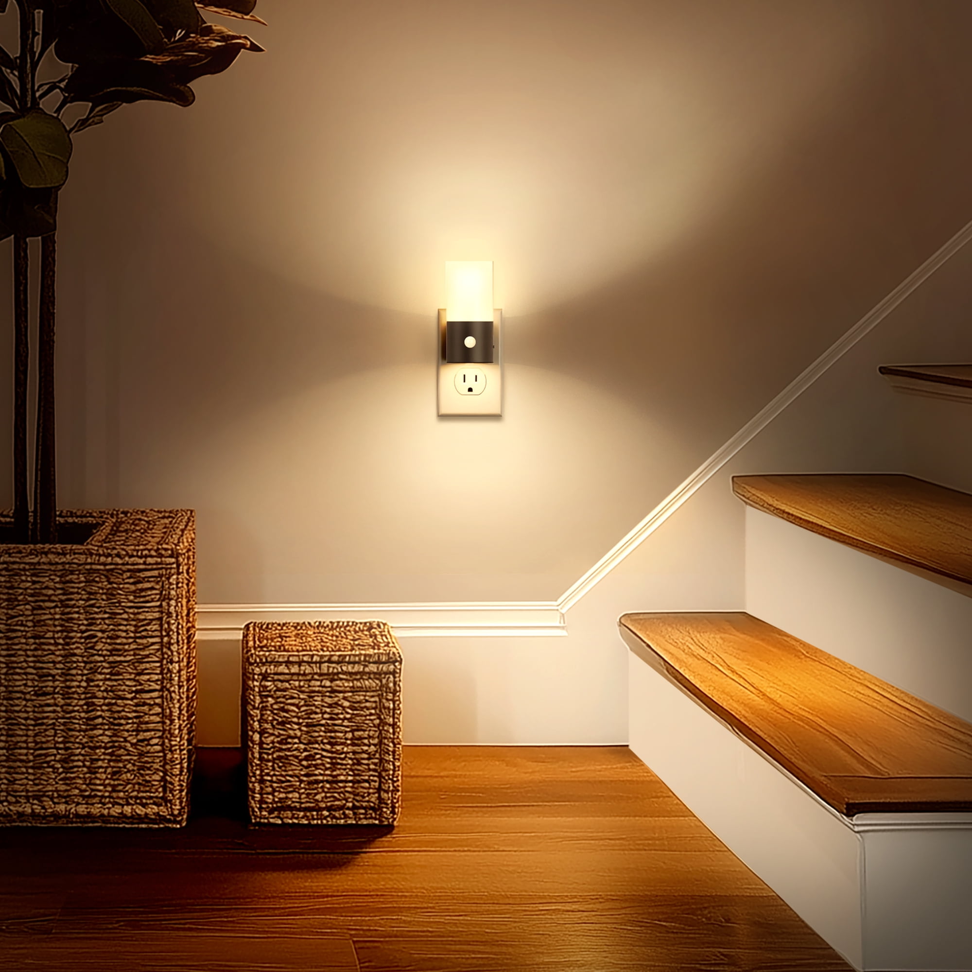 YANSUN 2 pack Black Warm White 3000K LED Motion Sensor Cylinder Light Plug in Night Light, 100LM Dimmable, Auto On/Off for Hallway, Bedroom