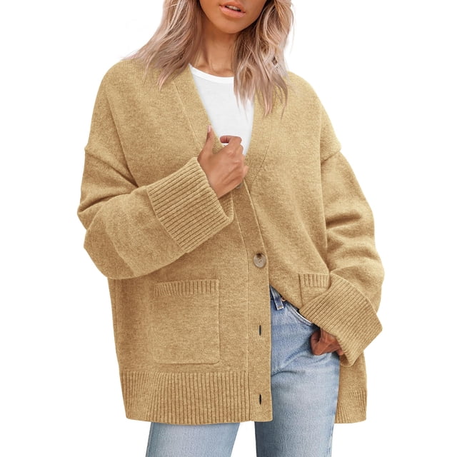 Suéter Cardigan PRETTYGARDEN Mujer 2025 Tejido Grueso Caqui XL