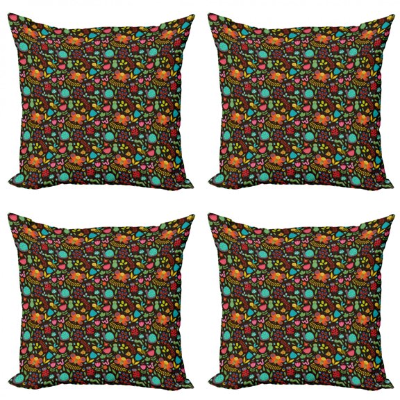 Spring Throw Pillow Cushion Case Pack of 4, Cheerful Cartoon Insects Playing with Reptile Friends and Snails on Flowery Ground, Modern Accent Double-Sided Print, 4 Sizes, Multicolor, by Ambesonne