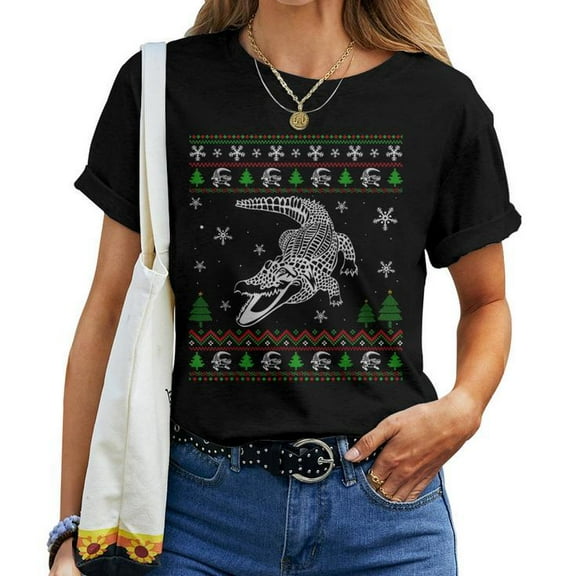 Alligator Lovers Funny Ugly Christmas Sweater Graphic Tee Unisex Adult Cotton Holiday T-Shirt, Size S, Color Black