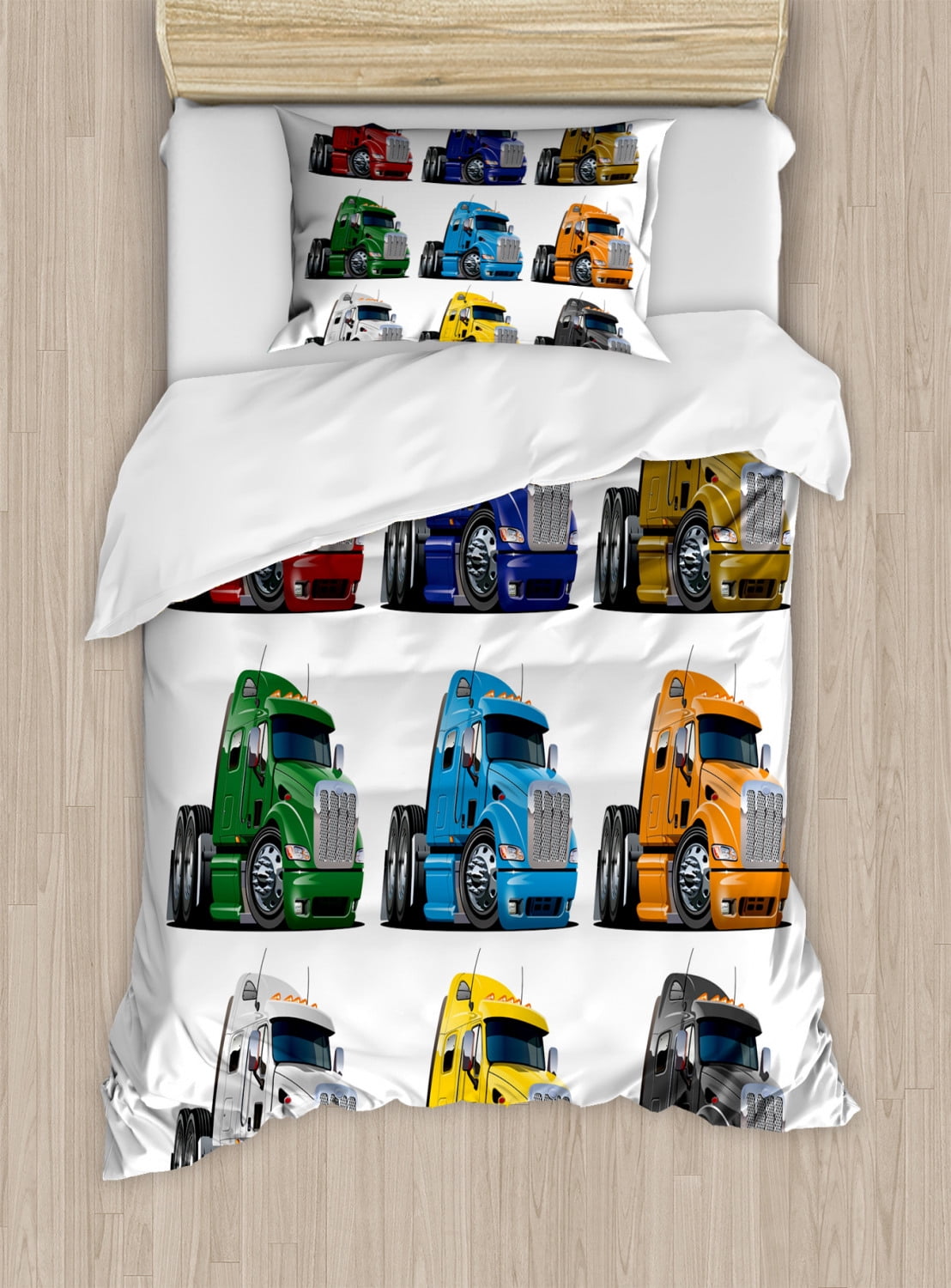 Truck Twin Size Duvet Cover Set, Colorful Semi Trucks Transportation of