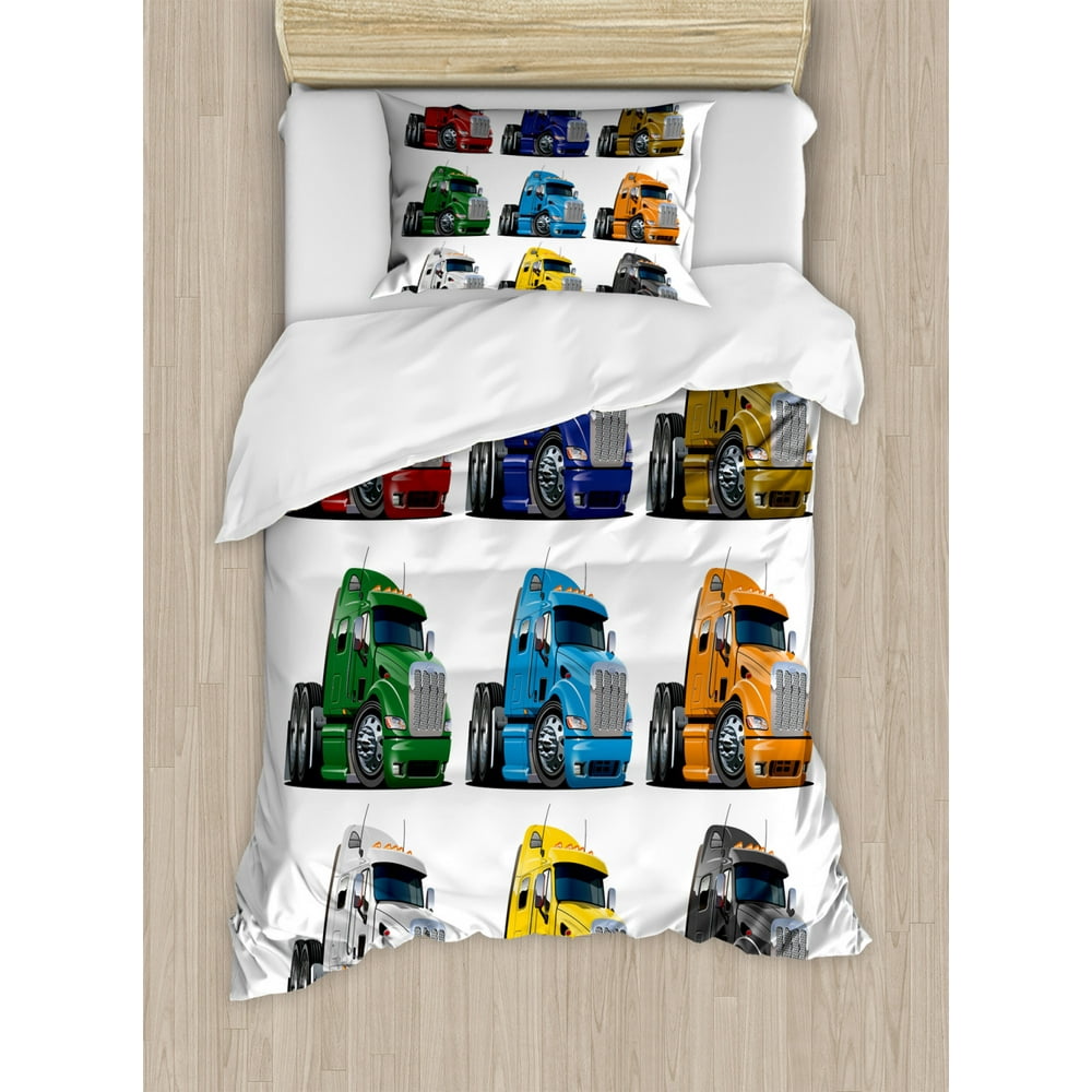 Truck Twin Size Duvet Cover Set, Colorful Semi Trucks Transportation of Goods Theme Shipping