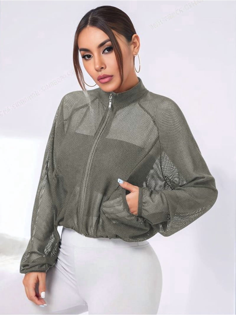 Women'S Mesh Sheer Zip Up Jacket Mock Neck Light-Weight Athletic