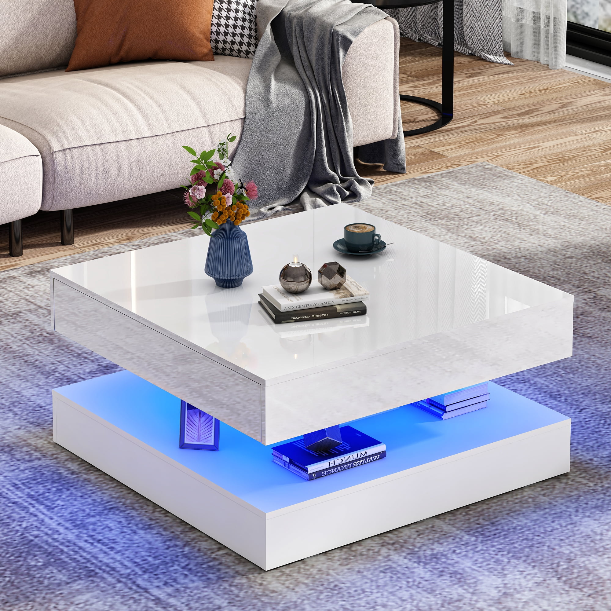 ChVans 34" LED Square Coffee Table with 2 Drawers, 2-Tier White High Glossy Coffee Table with Led lights & Storage Drawer, Modern Living Room Tables