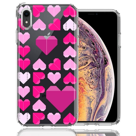 MUNDAZE for Apple iPhone XR Pink Purple Origami Valentine's Day Polkadot Hearts Design Double Layer Phone Case Cover