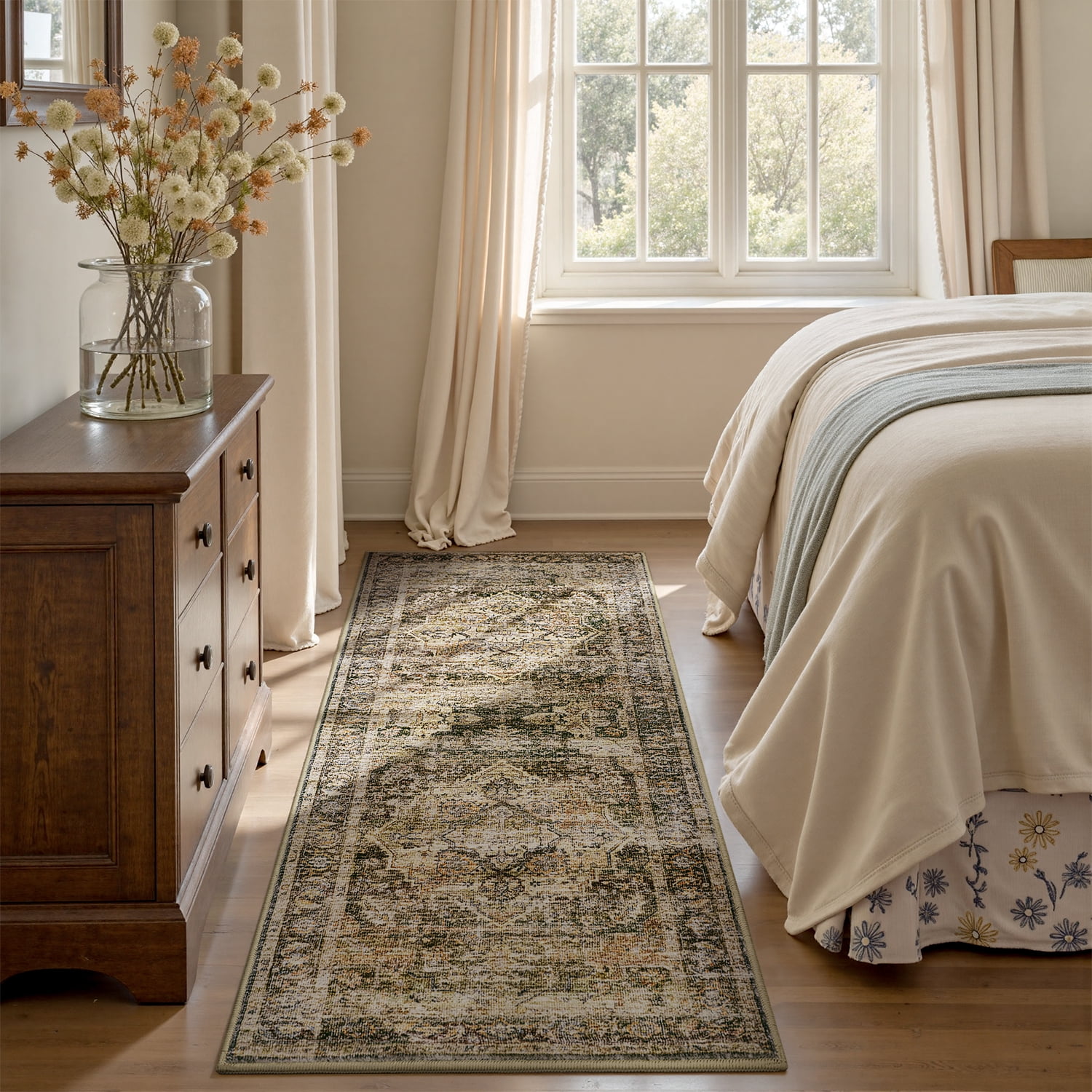 SIXHOME 3-Piece Kitchen Rugs and Runner Set Washable Vintage Kitchen Mat Non-Slip Low-Profile Rugs for Kitchen Sink Laundry Bedside 20"x32"+20"x48"+20"x59" Brown