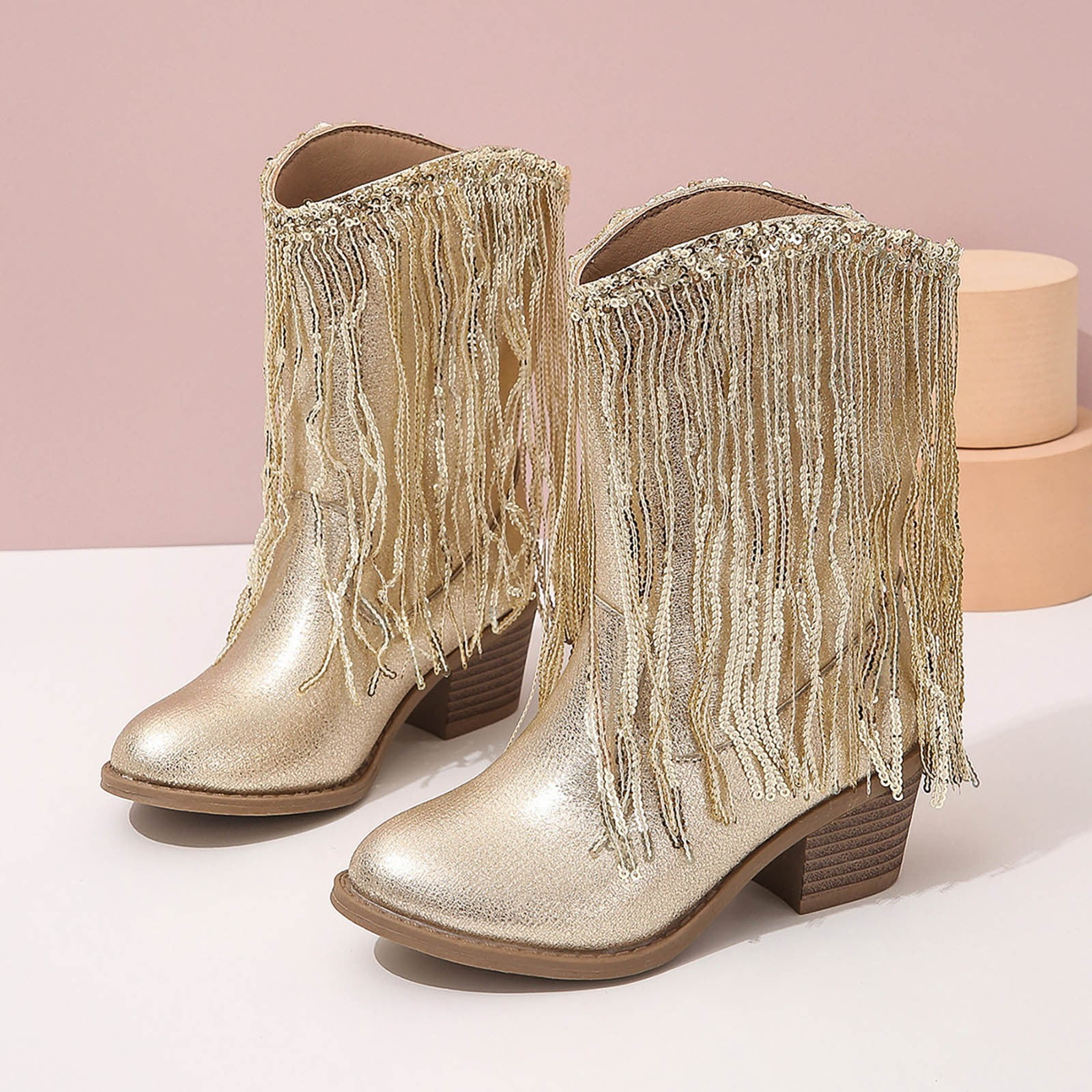 Luogg Girls New Solid Color Leather Fashion Children Western Cowboy Boots Autumn And Winter Casual Kids Tassel Boots Girls Rain Boots Size 11-11.5 Years