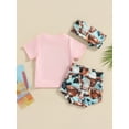 thumbnail image 4 of Bagilaanoe 3Pcs Newborn Baby Girl Short Pants Set Short Sleeve Letter T-Shirts Tops + Shorts + Headband 3M 6M 12M 18M Infant Casual Summer Outfits, 4 of 8