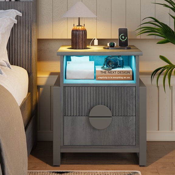 HUJAUU Nightstand with USB Outlets & LED light, Fluted Bedside Table with 2 Drawers for Bedroom, Modern Wood End Side Table, Gray