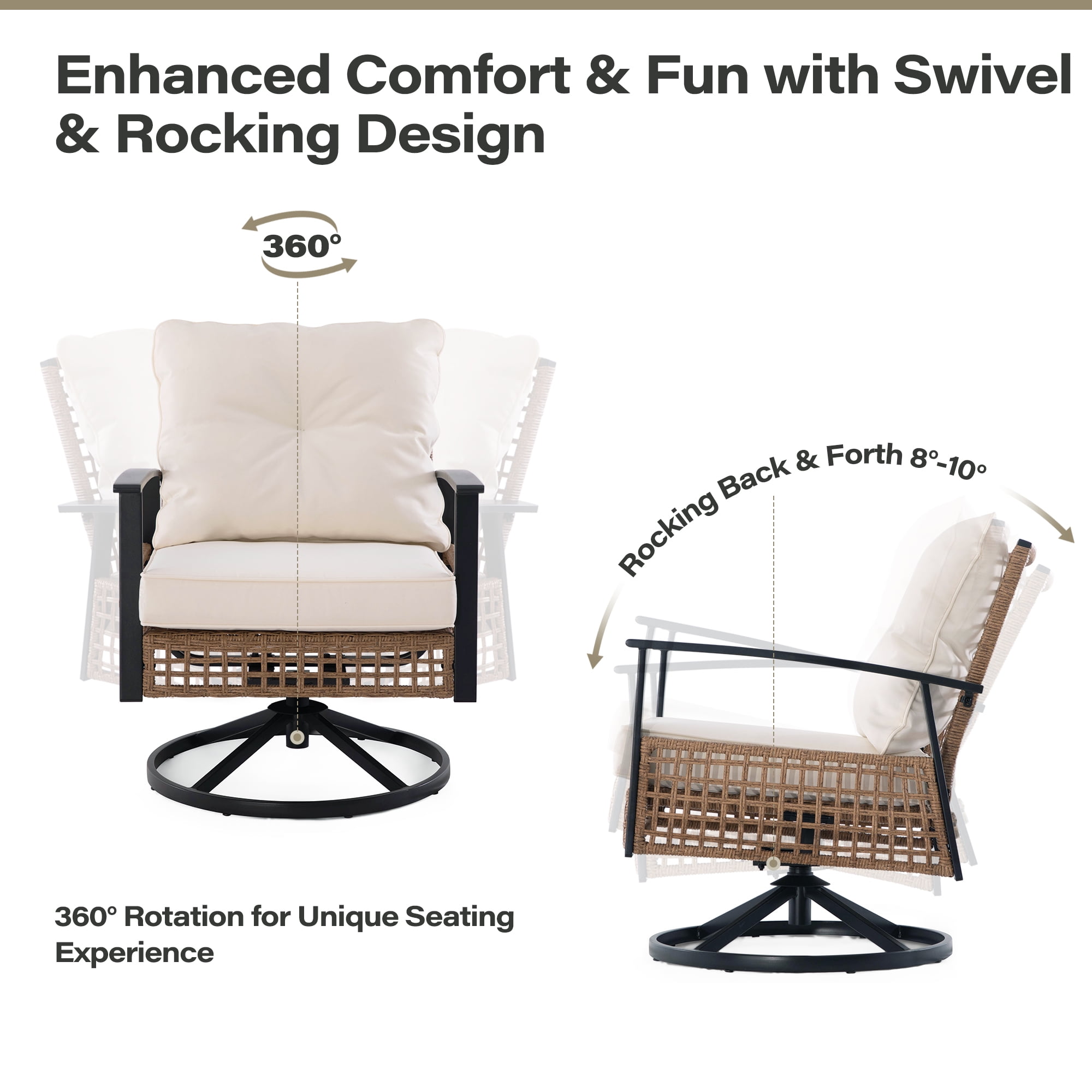 LAUSAINT HOME 3 Pieces Patio Outdoor Furniture Set with 2-Tier Coffee Table, PE Wicker Swivel & Rocking Chairs with Beige Cushions for Garden