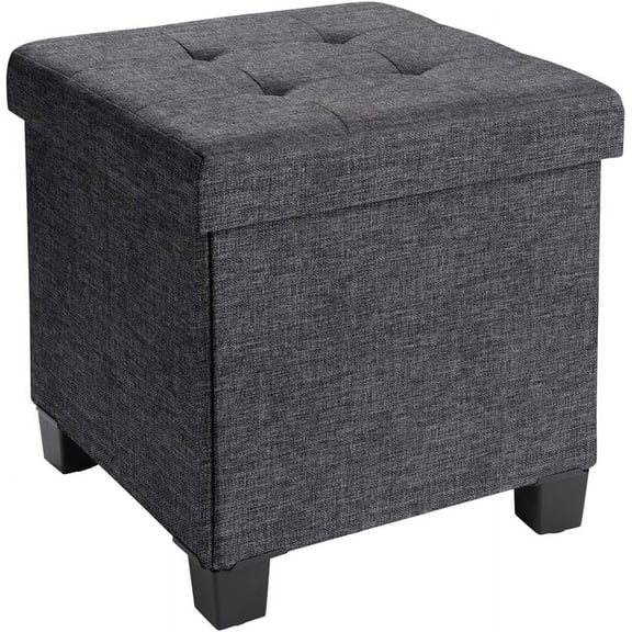 SgoodS 15 Inch Folding Storage Ottoman with Storage, Square Cube Linen Small Storage Ottoman Foot Rest Stool with Legs - Dark Gray
